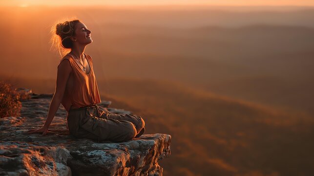 Young woman meditating on mountain cliff edge at sunset, silhouetted against golden light over layered hills, finding peace and tranquility in nature.