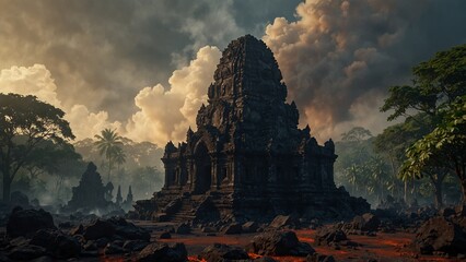 a group of trees in front of a temple