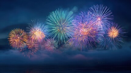 Obraz premium Vibrant and Colorful Fireworks Exploding in the Night Sky Over Calm Water Creating a Festive and Celebratory Atmosphere for Celebrations and Events