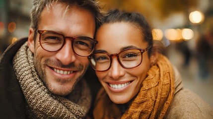 Cheerful diverse couple with glasses wearing autumn scarves, smiling together outdoors with blurred city lights background.