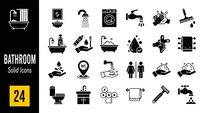 Sleek and versatile solid black bathroom icons. This collection illustrates modern hygiene, plumbing fixtures, and personal care essentials for clean graphic design and web interfaces
