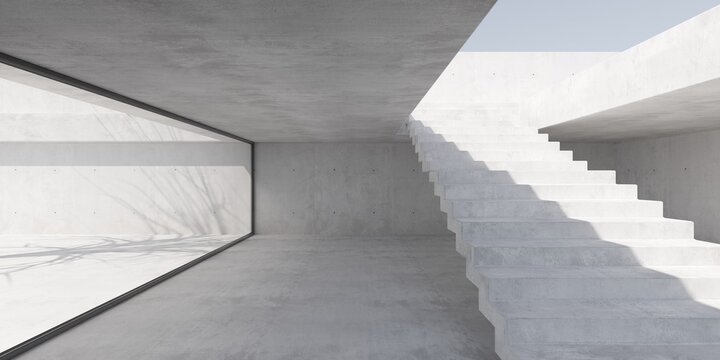 Concrete interior room with glass wall to outside courtyard and stairs to the roof terrace - modern butalism interior background template