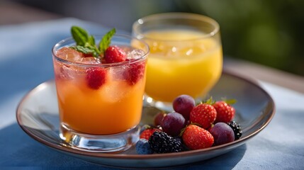 Two refreshing fruity drinks one a cocktail with raspberry and mint garnish served with a colorful fruit plate of assorted berries and grapes on a