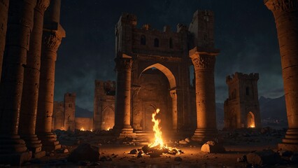 a fire in the middle of a ruined building