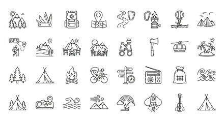Sleek Line Art Icon Collection for Outdoor Adventures and Travel. Essential Vector Graphics for Camping, Hiking, and Nature-themed Digital Design Projects