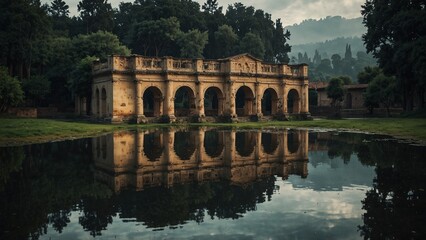 the reflection of the building in the water