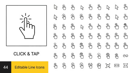 Collection of click and tap cursor icons, featuring a hand icon and various pointer designs, presented in a clean, modern editable line art style suitable for digital interfaces