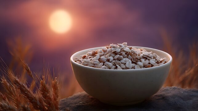 A bowl of oats sits on a rock amidst golden grain stalks during a warm sunset or sunrise