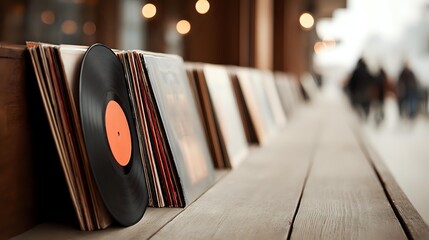 Vintage vinyl records lined up on wooden bench in urban setting with blurred pedestrians and bokeh lights in background.