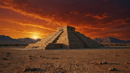 a pyramid in the desert with a sunset in the background