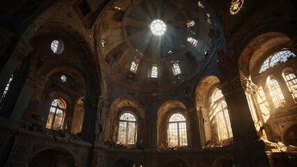 the sun is shining through the windows of an old building