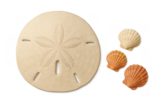 Sand dollar and colorful scallop shells isolated on a transparent background, depicting marine life and a summer holiday vibe