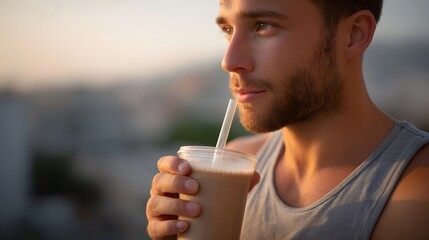 Young man drinks a healthy smoothie at sunset with city view