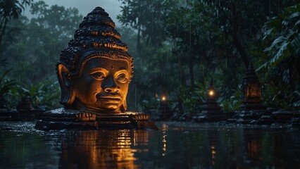 a buddha statue sitting in the middle of a body of water
