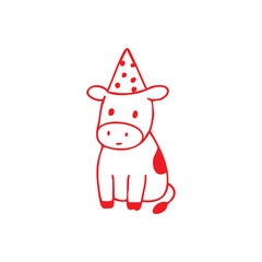 Red cow wearing a party hat