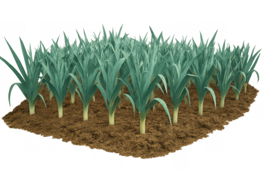 Leek crop field with fresh green plants growing in rows on soil, organic farming background