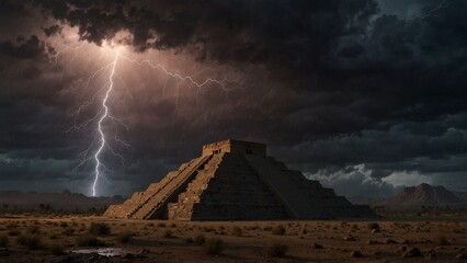 a lightning strikes over a pyramid in the desert