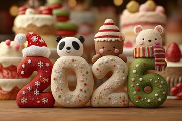 Celebration of New Year's 2026 with cute festive decorations and charming characters in a joyful display