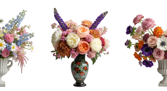 Three floral arrangements in vases on black background
