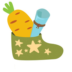 Winter Childrens green boot with carrot and letter for St Nicholas day inside, symbol of Sinterklaas. Sinterklaas cartoon hand drawn shoes with carrot and scroll. Saint Nicholas Day Dutch Holiday