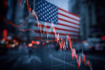 Stock market decline reflected against American flag with urban background at twilight highlighting economic concerns
