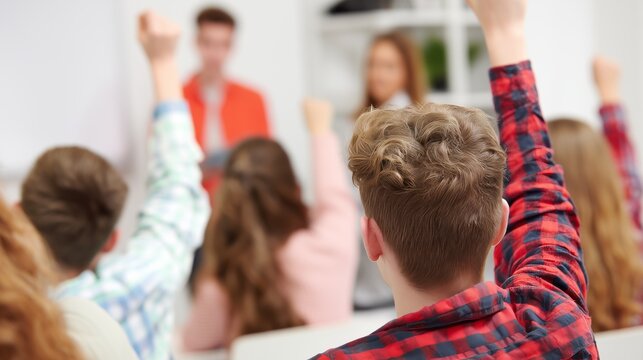 Students actively engage in a classroom discussion during a learning session in a modern educational environment