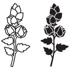 Stylized Botanical Stem with Flower Buds and Leaves in Outline and Silhouette