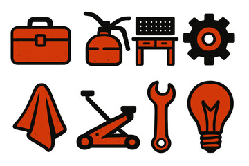 Fototapeta premium Retro Garage Icons. Retro Garage silhouette icon set: toolbox, oil can, workbench, gear, rag, jack, wrench, light bulb