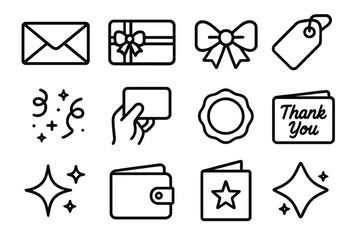 Gift Card Icons. Gift Card Exchange Set linear icon set. envelope, gift card, ribbon, bow, tag, confetti, hand holding card, envelope seal, thank you note, wallet, sparkle