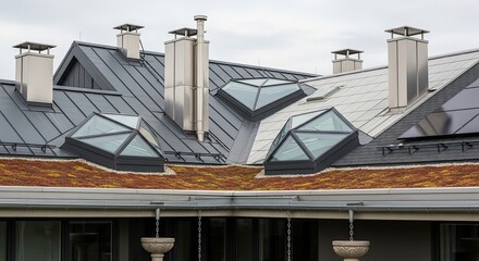 Contemporary rooftop design featuring sleek metal cladding, striking geometric skylights, and a vibrant green sustainable garden area, highlighting modern architecture