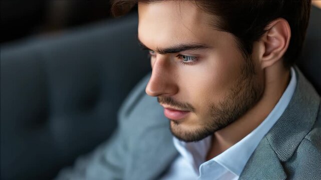 Male model exuding confidence, looking directly at the camera with a slight smirk