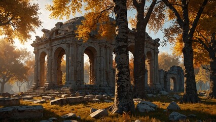 the sun is shining through the trees