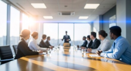 Business people have meeting in modern office boardroom with leader giving presentation and sitting around long table with panoramic city view