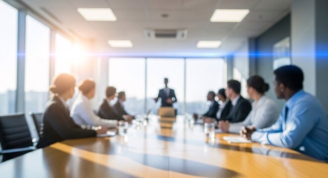 Business people have meeting in modern office boardroom with leader giving presentation and sitting around long table with panoramic city view