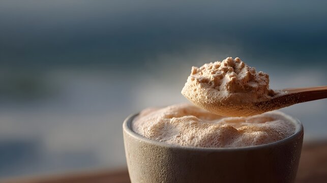 A wooden scoop lifts protein powder from a frothy beverage with a blurred ocean background at sunrise
