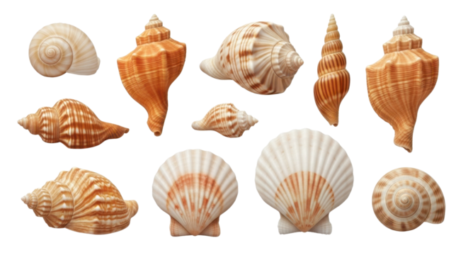 Elegant collection of seashells with intricate patterns ready for coastal designs or vacation themed projects in your style