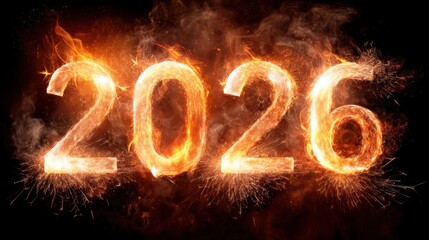 Fiery Glow of Numbers 2026 Against a Dark Background with Sparks and Flame for New Year Celebrations and Future Trends in Digital Design