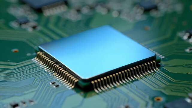 Modern circuit board close up with microchip for cutting edge technology innovation video