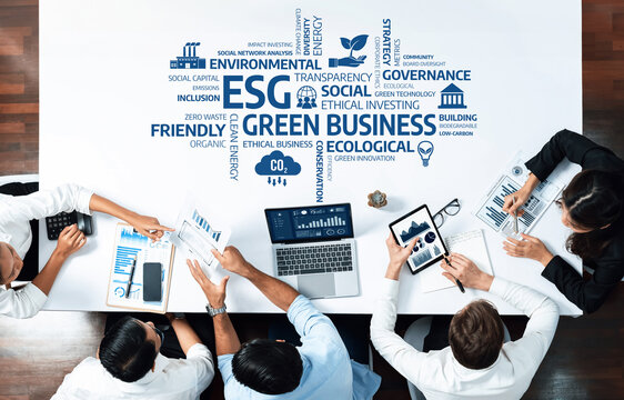 A top view of a diverse business team discussing strategies for green practices and sustainability, using data analysis and reports for informed decision-making. Amity