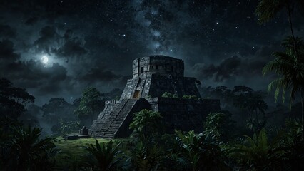 the mayan temple in the jungle at night