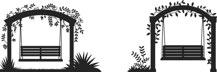Romantic garden swing silhouette, set of two hanging benches under arched wooden arbors covered with climbing vines.
