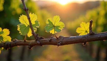 New green grape leaves unfurl on vine branch in warm sunset light. Young plant growth signals start of vineyard season. Rural nature awakens, showing life rebirth.