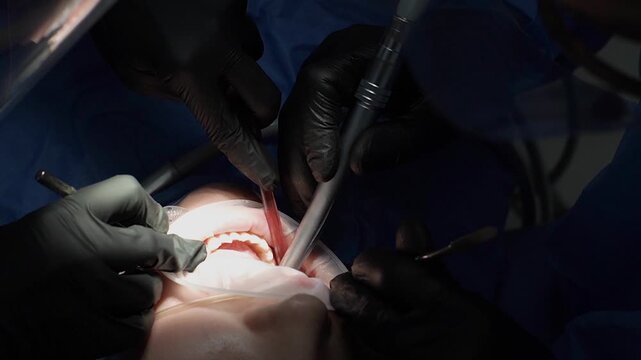 Close-up. surgeon's hands, black gloves, perform operation remove impacted wisdom tooth together assistant, nurse. Saliva ejector blood. Surgical suit, uniform. wound mouth sutured clamp. Sleep