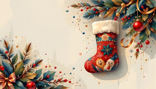 abstract christmas stocking illustration with geometric patterns, soft light background.
