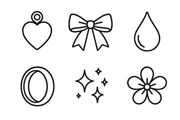 Elegant Icon Collection. Delicate Elements linear icon set : silver charm, satin bow, glass droplet, polished ring, shimmer dust, floral accent