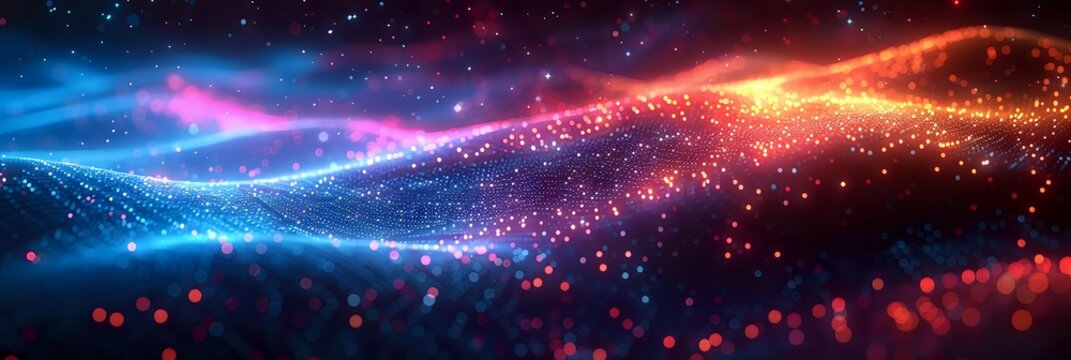 Cosmic abstract landscape with glowing blue and orange particle waves flowing across a dark starry universe background.