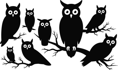 Naklejka premium Black owl silhouette set, seven different owls perched on branches, with large white eyes, vector collection.
