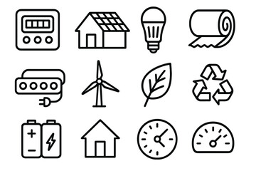 Sustainable Energy Icons. Sustainable energy use linear icon set. smart meter, solar roof, LED lamp, insulation, power strip, wind turbine, green leaf, recycling loop, battery pack
