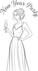 Elegant woman in gown holding champagne for a new year party invitation card