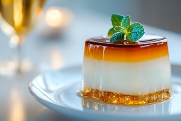 Elegant caramel flan dessert with mint garnish on white plate, creamy texture with golden syrup layer for gourmet dining presentation.